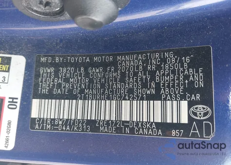 2016 Toyota Corolla S Plus из США, поврежденный, VIN 2T1BURHE1GC742571